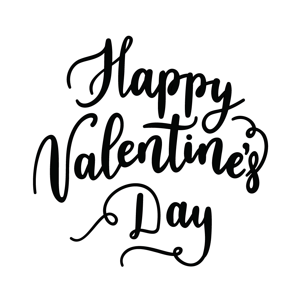 The phrase 'Happy Valentine's Day' in black fancy lettering on a white background.