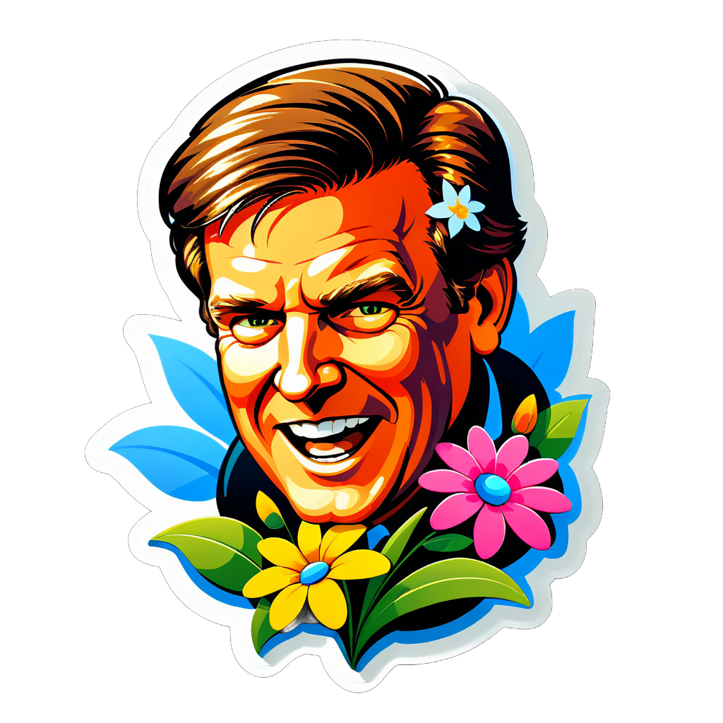 Generated cartoon-style sticker of a smiling man surrounded by colorful flowers.
