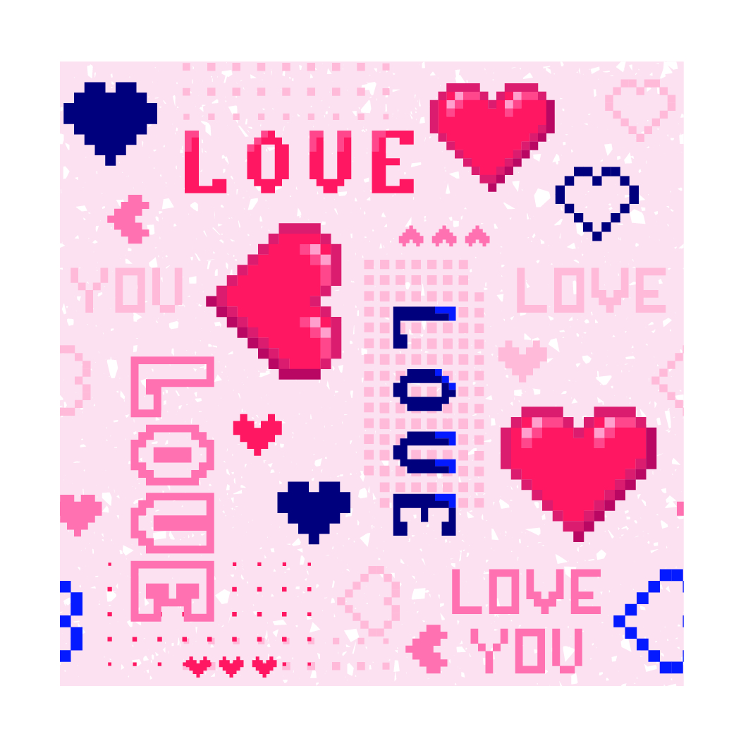 Pixel art style design with a pink background, featuring multiple red and blue heart shapes and the words 'LOVE' and 'LOVE YOU' displayed in various arrangements.