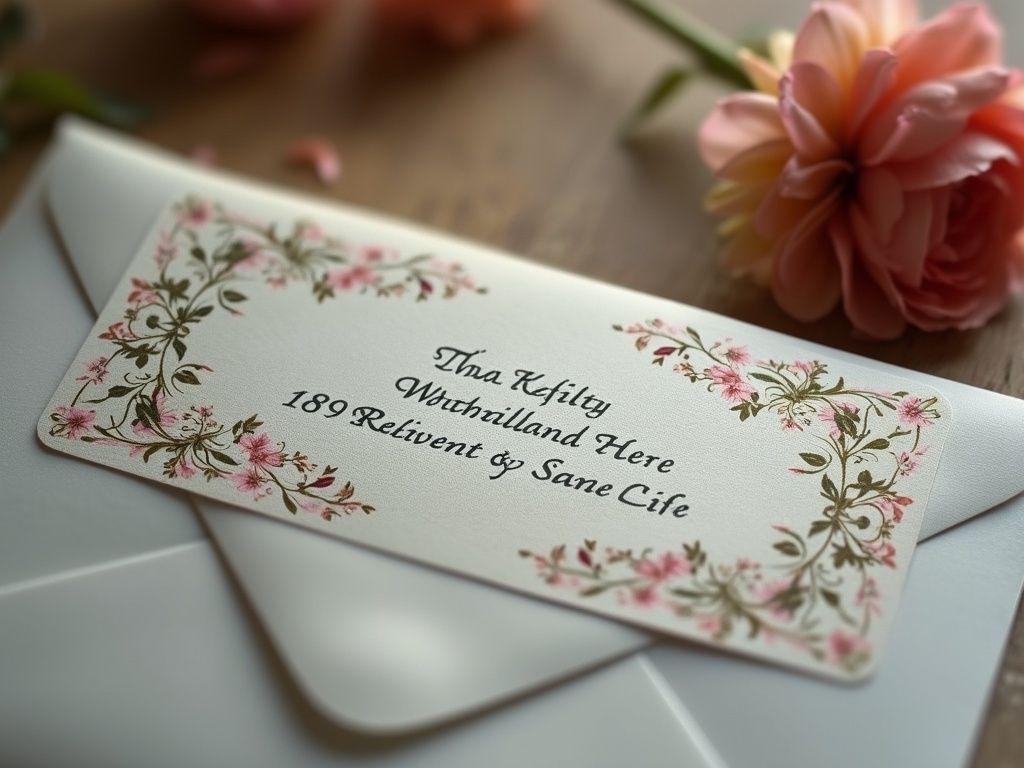 Envelope with a floral address label featuring pink flowers and green leaves.