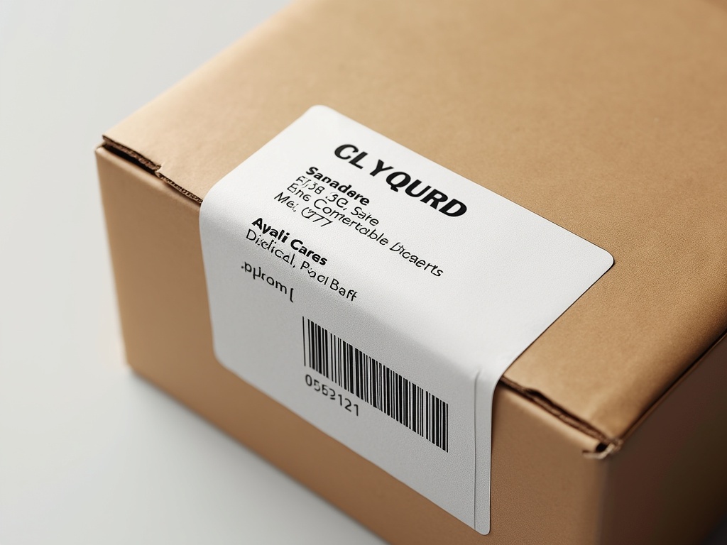 Close-up of a shipping box with a white address label and barcode.