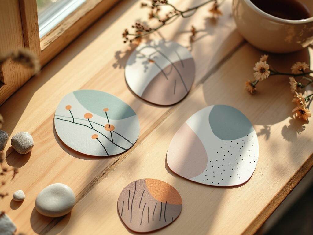 Various shaped stickers on a wooden table with dried flowers and pebbles, sunlight streaming in.