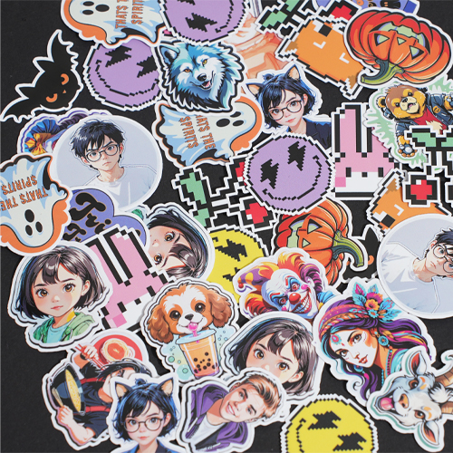 Colorful stickers with cartoon characters, animals, pixel art, and Halloween themes on a black background.