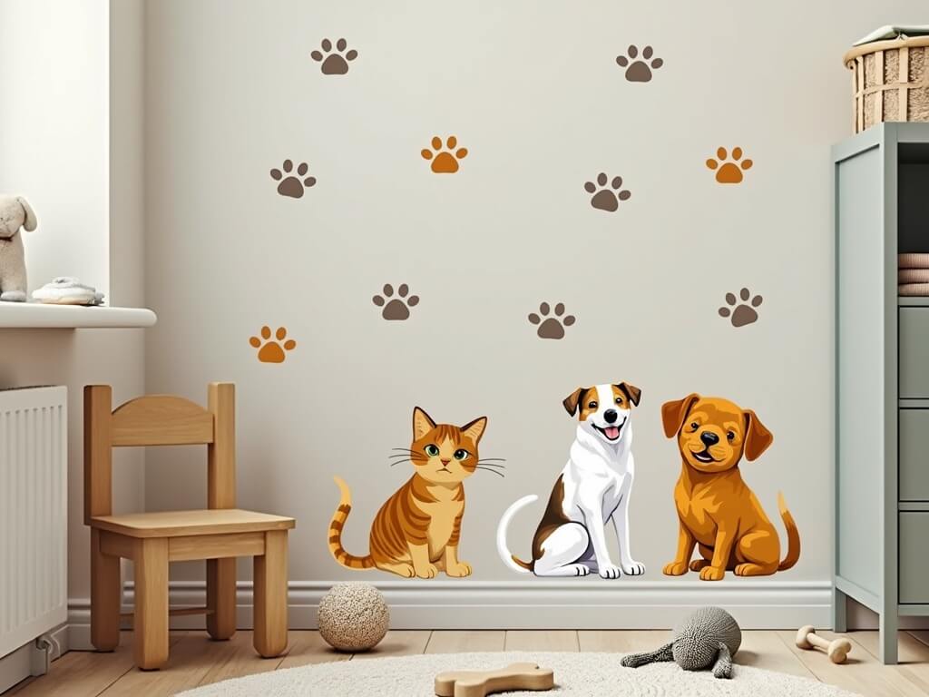 Kids' room with a pet-themed wall mural featuring a cat, two dogs, and paw prints.