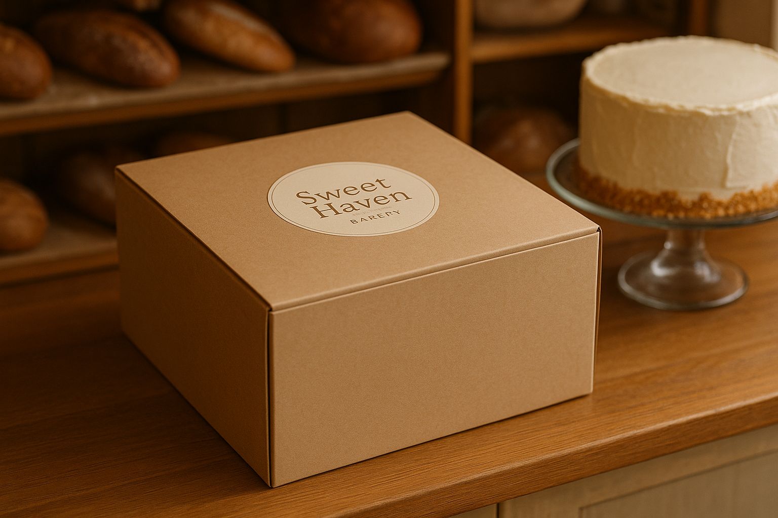 A kraft bakery box with a "Sweet Haven Bakery" sticker beside a frosted cake.