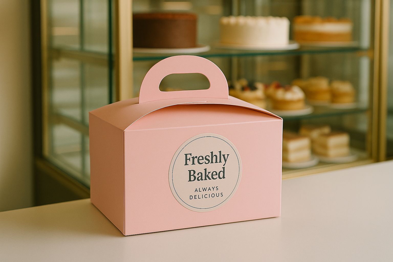 A pastel pink bakery box with a handle and a "Freshly Baked, Always Delicious" sticker in front of a glass display case.