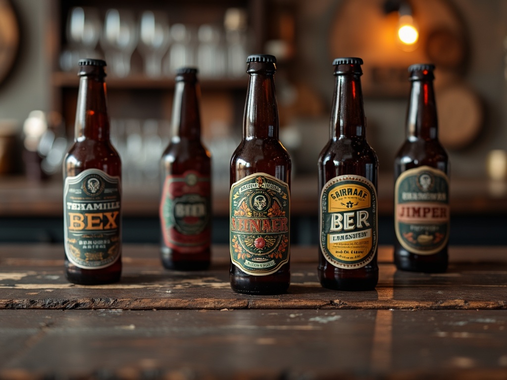 Five craft beer bottles on a rustic wooden table with a blurred bar background.