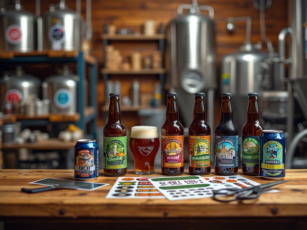 Craft beer bottles and cans on a wooden table with a brewery setup in the background.