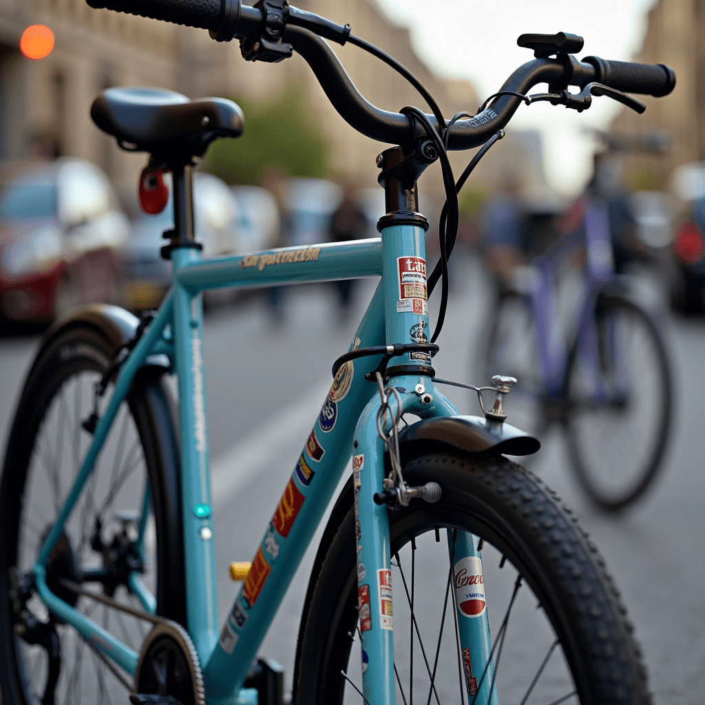 A close-up of a blue bicycle decorated with colorful stickers, parked on a city street with blurred background.