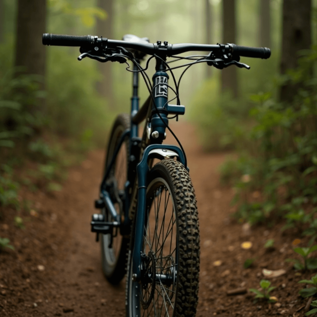 A mountain bike on a dirt trail in a lush forest with a misty background.