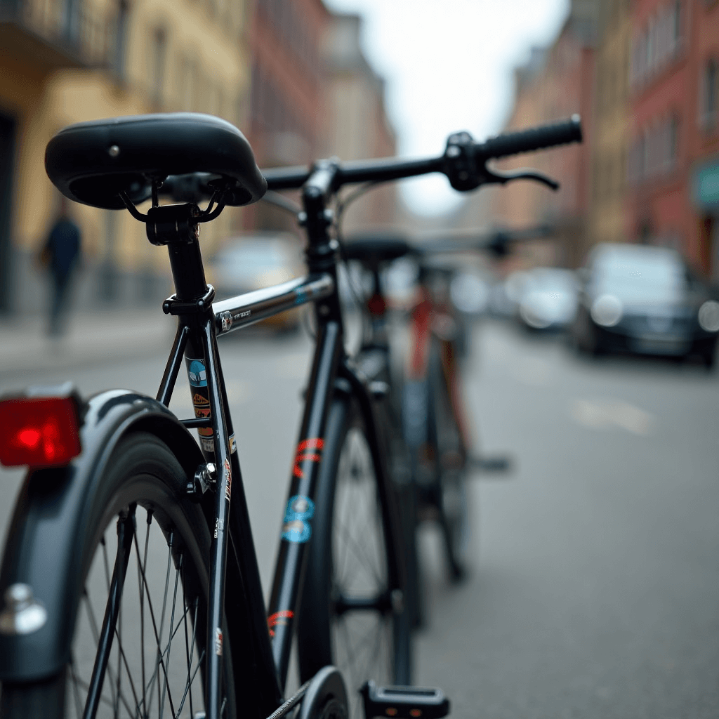 A close-up of a black bicycle with colorful stickers, parked on an urban street with a blurred background.
