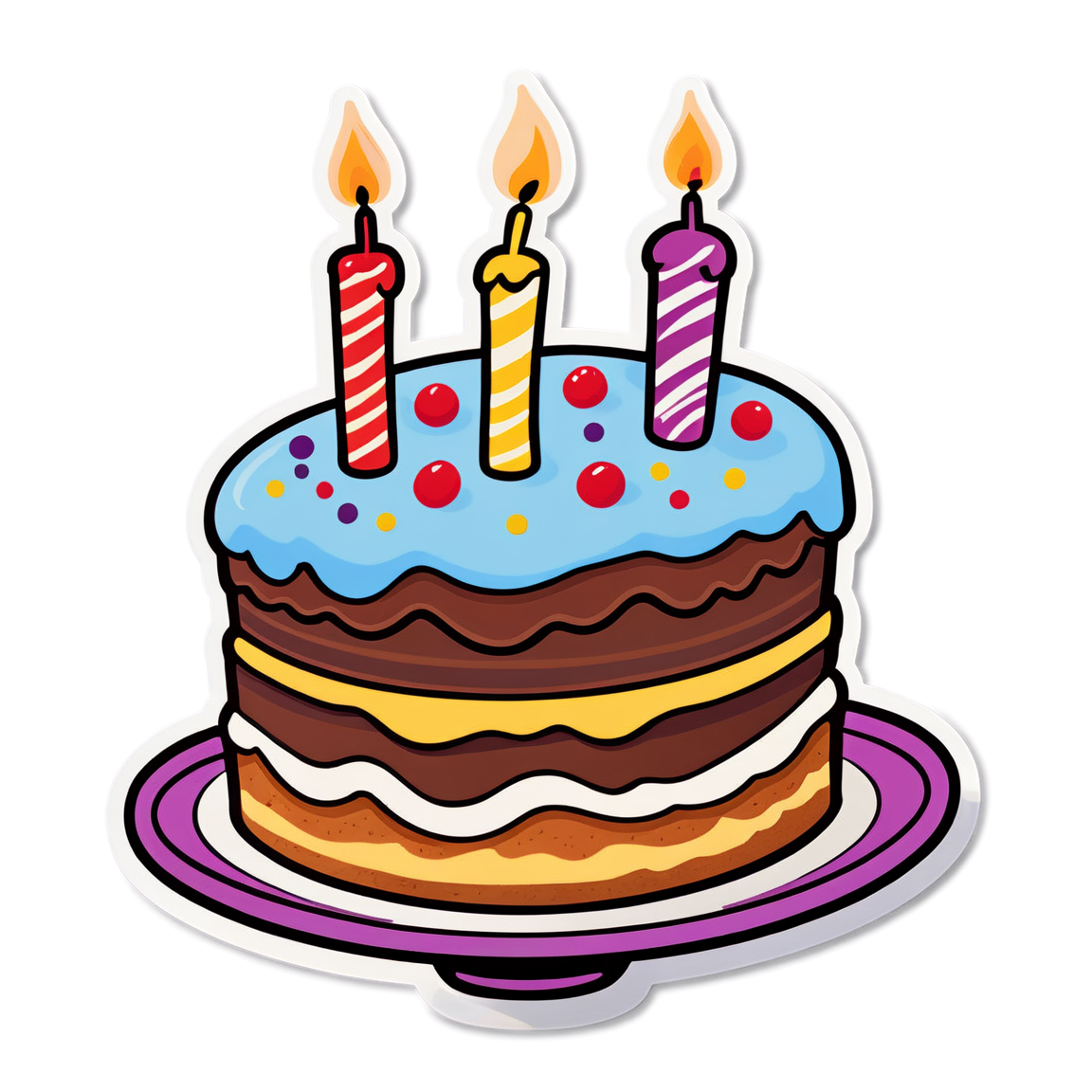 Cartoon-style birthday cake with three lit candles and colorful decorations.