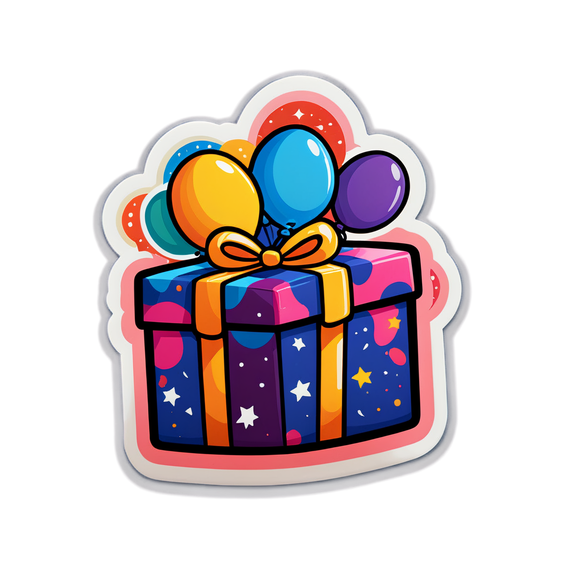 Cartoon-style gift box with colorful balloons and a starry design.