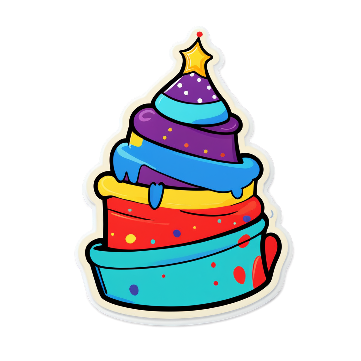 Cartoon-style colorful layered hat with a star topper.