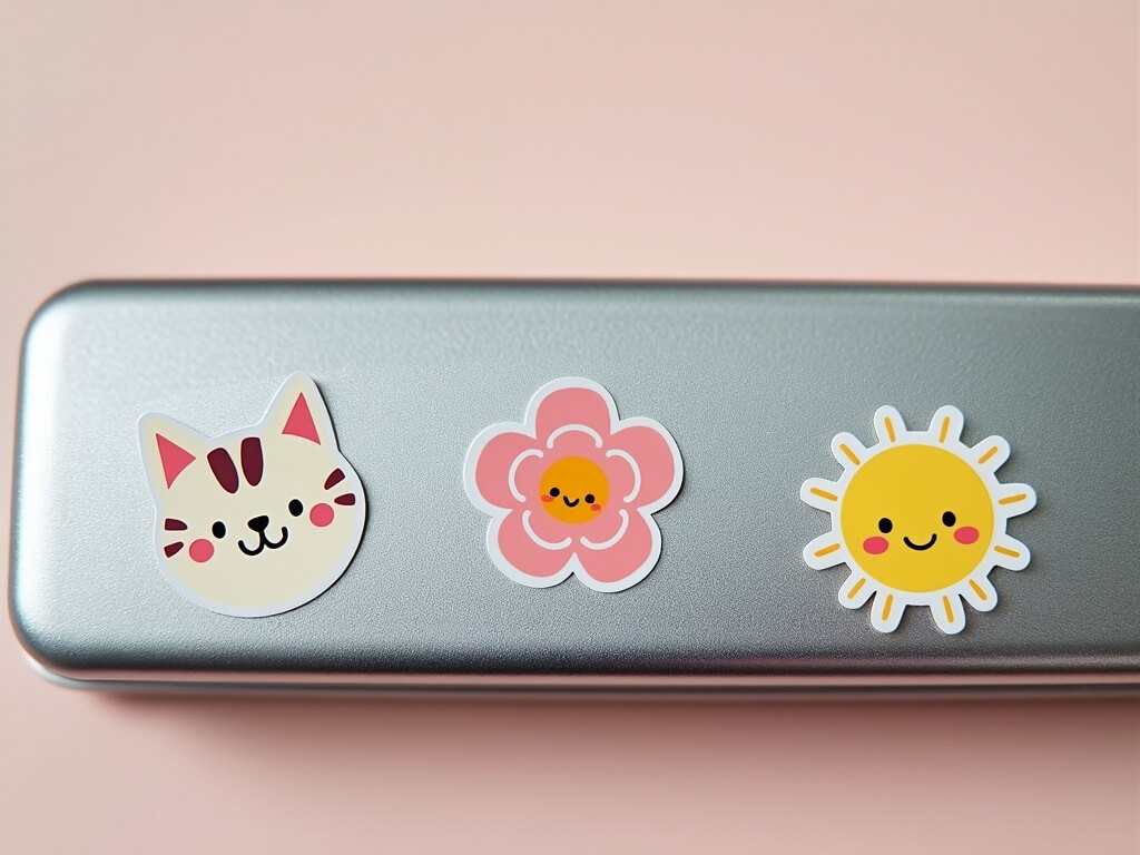 Three cute stickers of a cat, a flower, and a sun neatly adhered to a silver metal pencil case.