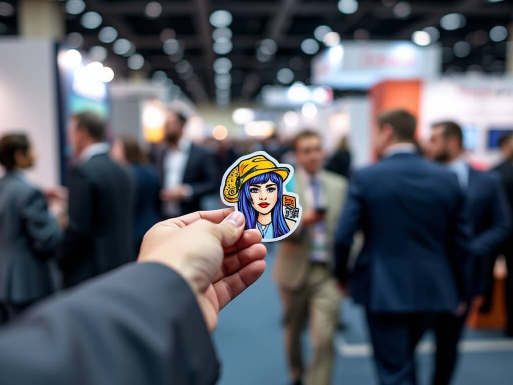 Hand holding a graphic sticker in focus, with a blurred exhibition crowd in the background.
