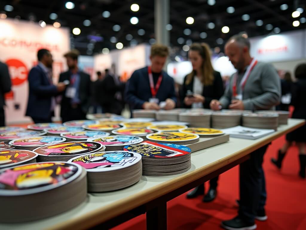 Stickers with graphic designs on a table at an exhibition, blurred crowd in the background.