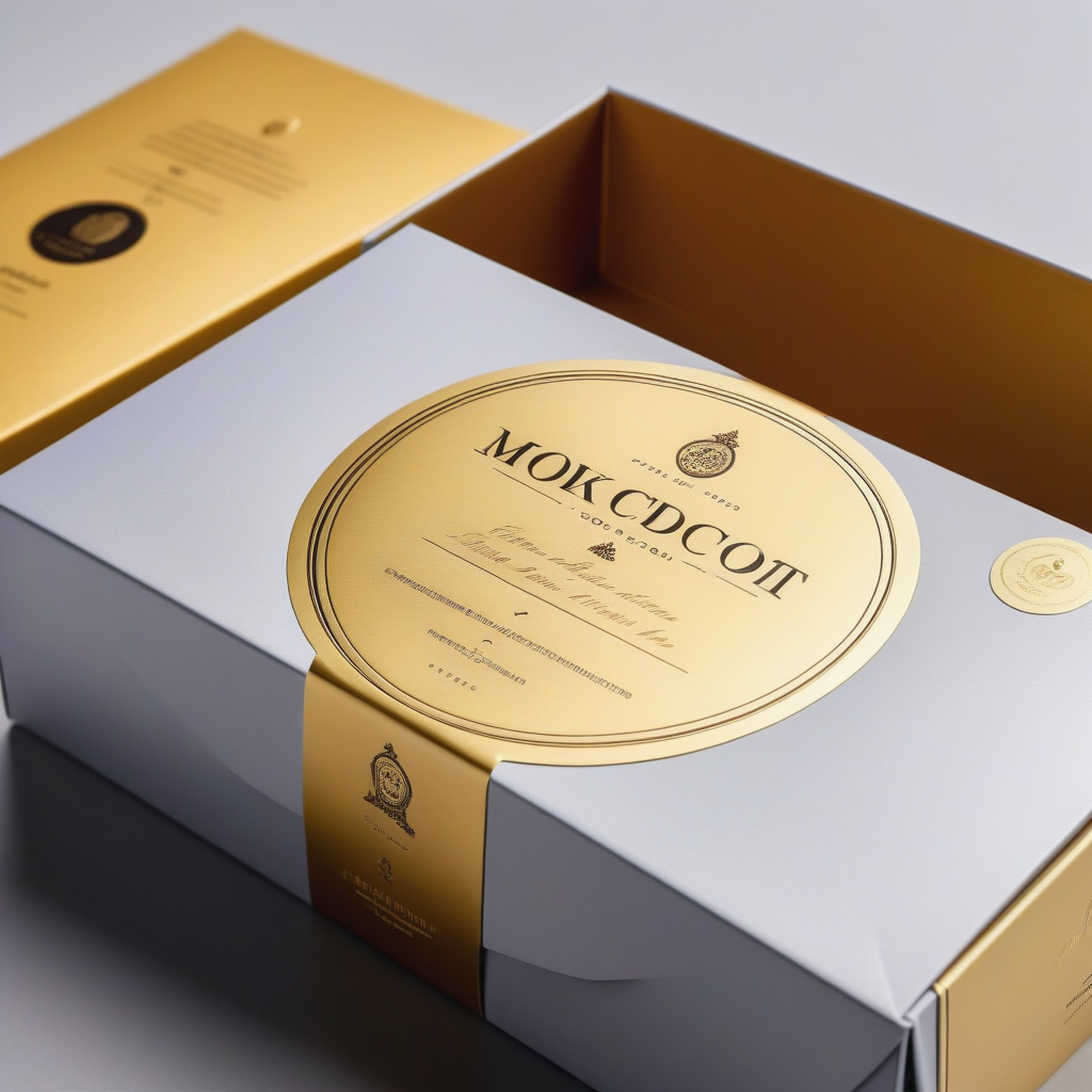 Elegant packaging box with a gold and white design, featuring a luxurious gold label and intricate typography.