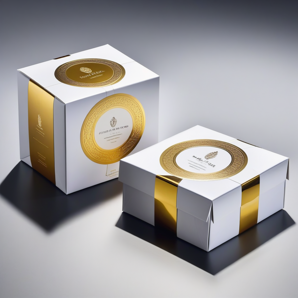 Two luxurious white packaging boxes with gold accents, featuring elegant gold circular labels and premium design details.