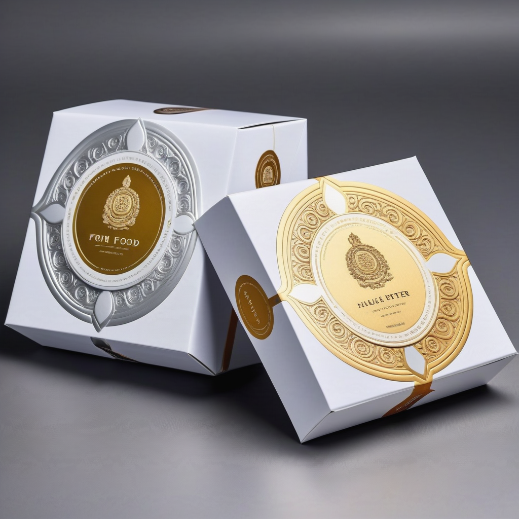 Two premium white packaging boxes with ornate gold and silver circular labels, featuring intricate patterns and luxurious details.