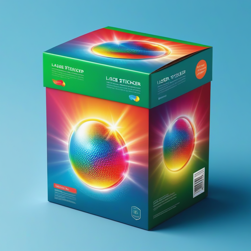 Vibrant packaging box with a holographic sphere design, showcasing bright rainbow colors on a gradient background.
