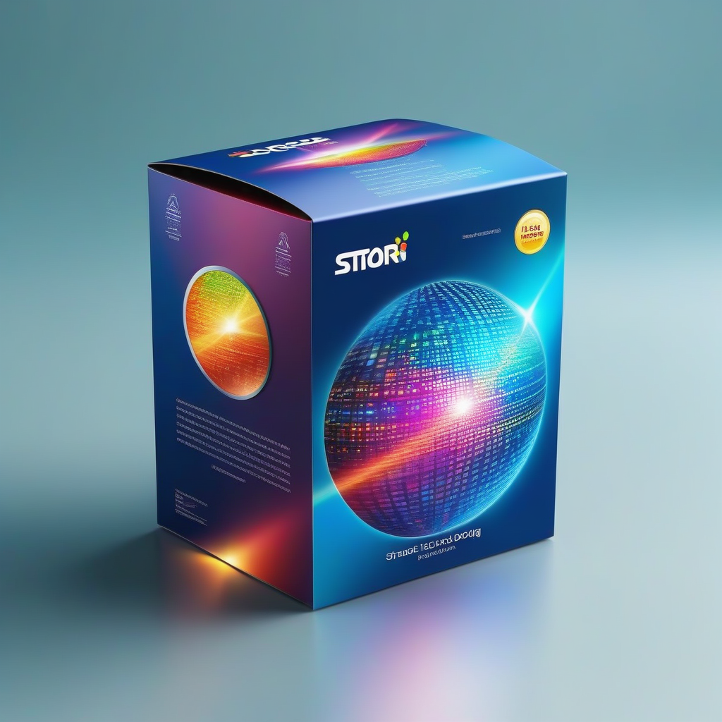 Modern packaging box featuring a futuristic holographic sphere with vibrant digital patterns on a sleek gradient background.