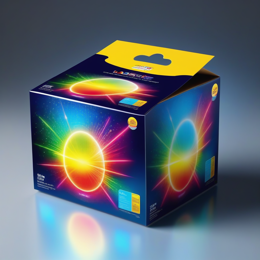 Colorful packaging box with a glowing holographic design, featuring bright neon accents and a sleek, modern look.