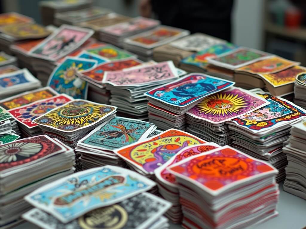 Piles of different kinds of bulk stickers are stacked on the table.