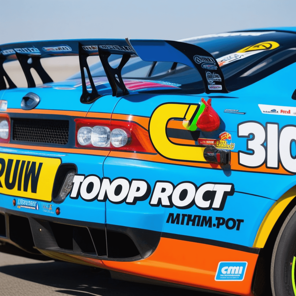 The rear of a colorful race car with bold decals, a large spoiler, and a bright design under sunny skies.