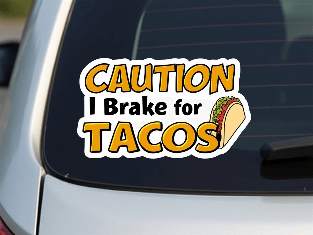 A car window with a sticker that reads "Caution: I Brake for Tacos" alongside a taco graphic.