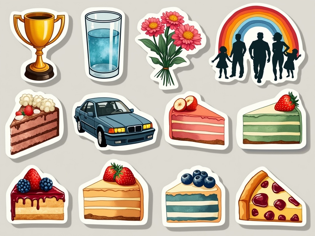 Sticker designs featuring a trophy, glass of water, flowers, family silhouette with a rainbow, cakes, a car, and a pizza slice.