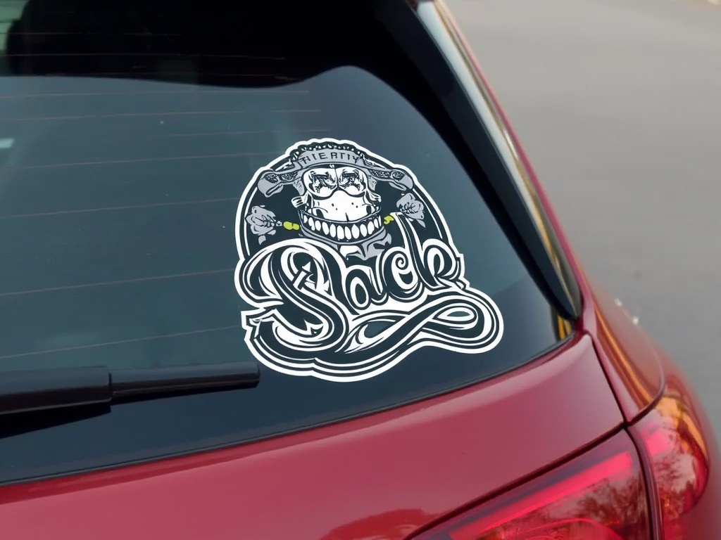 Car sticker with a skull design on a rear window.