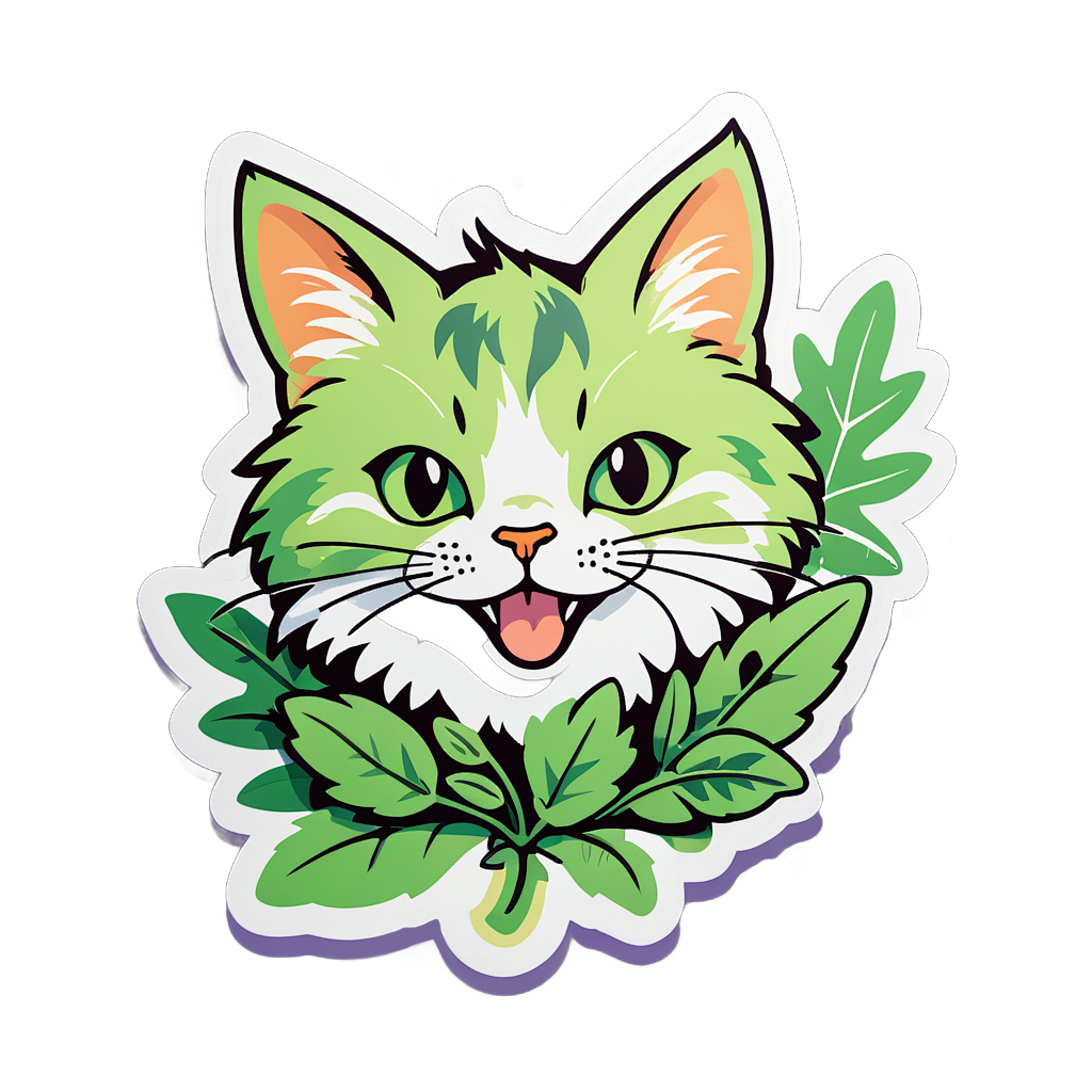 A cartoon-style green cat's head with an open smile, surrounded by green leaves, on a white background.