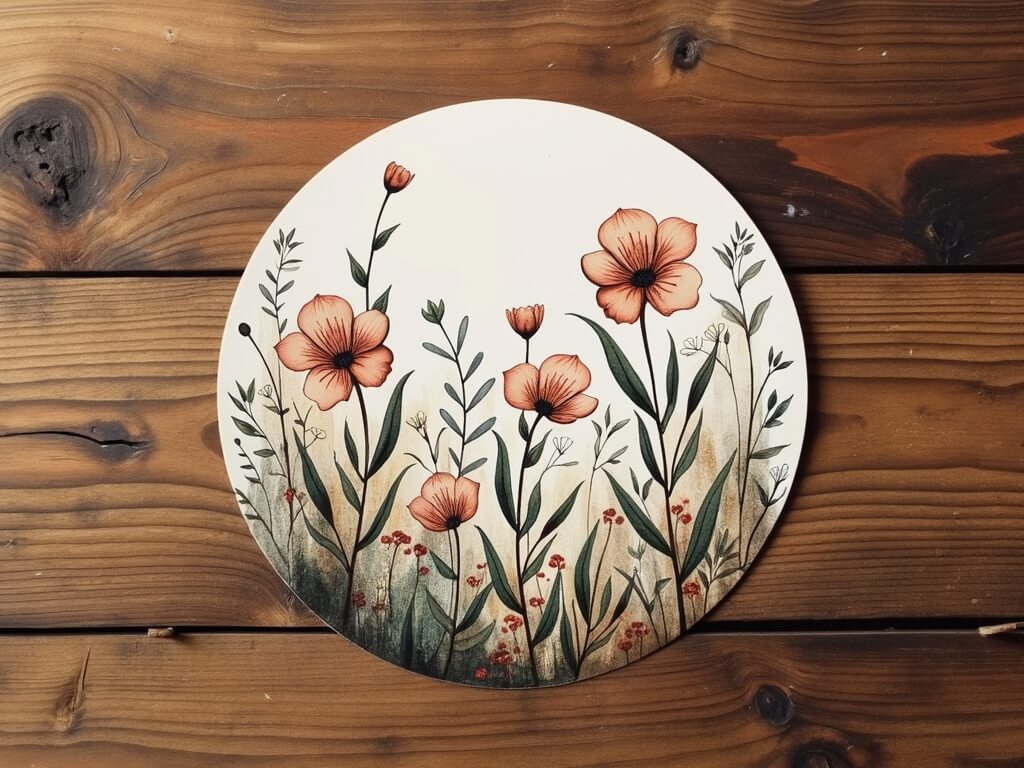 Round sticker with a hand-drawn floral design featuring orange flowers and green leaves, placed on a rustic wooden tabletop background.