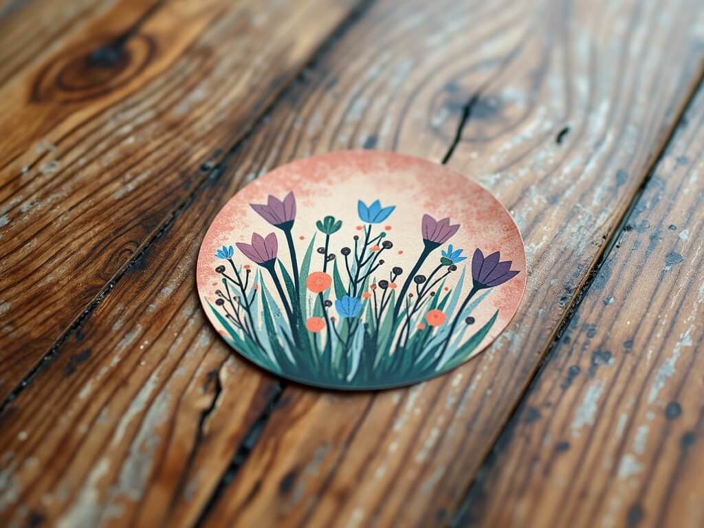 Sticker with colorful flowers on a wooden tabletop.