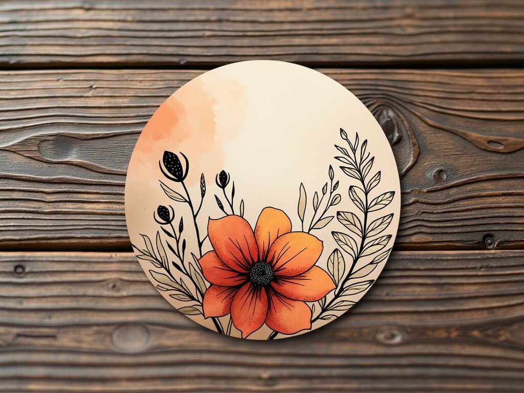 Sticker with an orange flower on a wooden tabletop.