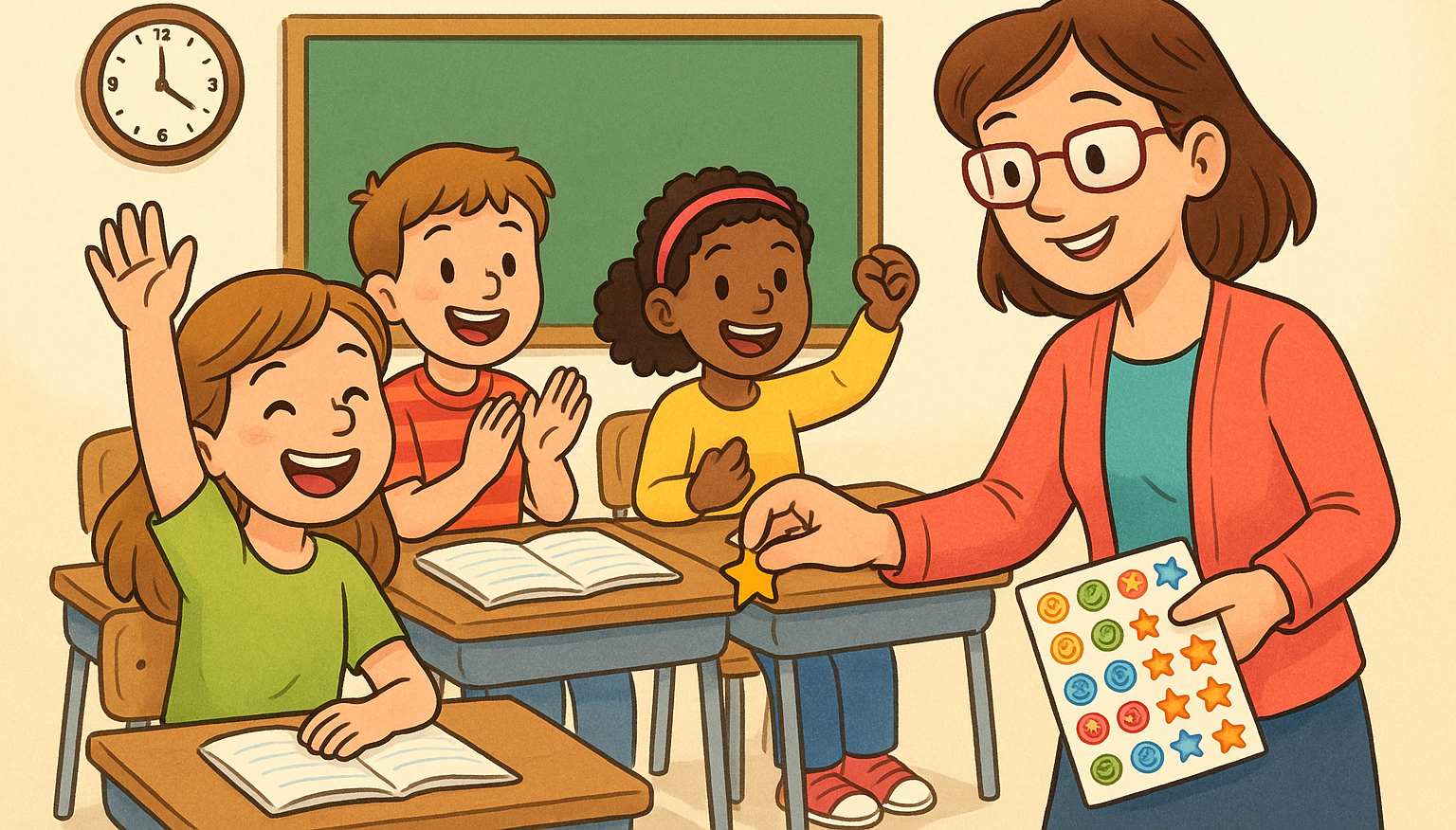 Teacher handing out stickers to happy students in a classroom