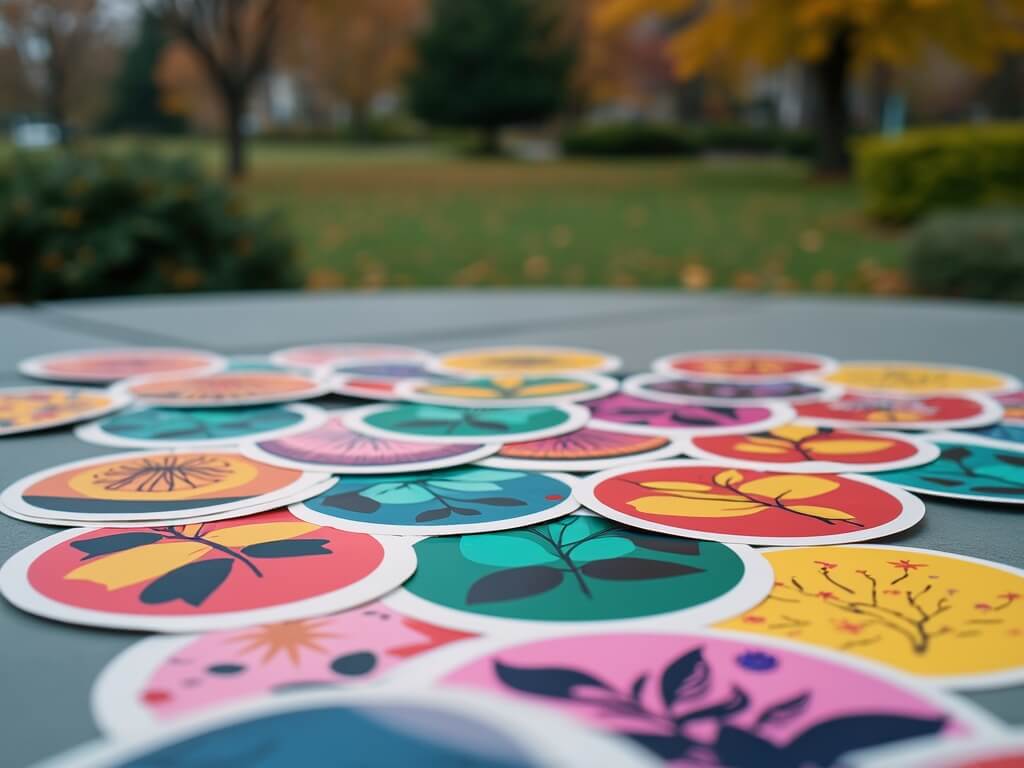 Colorful stickers with nature-inspired designs, no text, scattered on an outdoor table in a park.