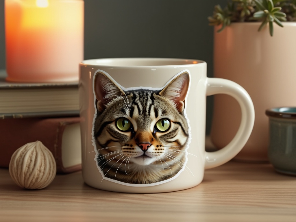 Ceramic mug with a realistic cat head sticker, surrounded by books, a candle, and a walnut.