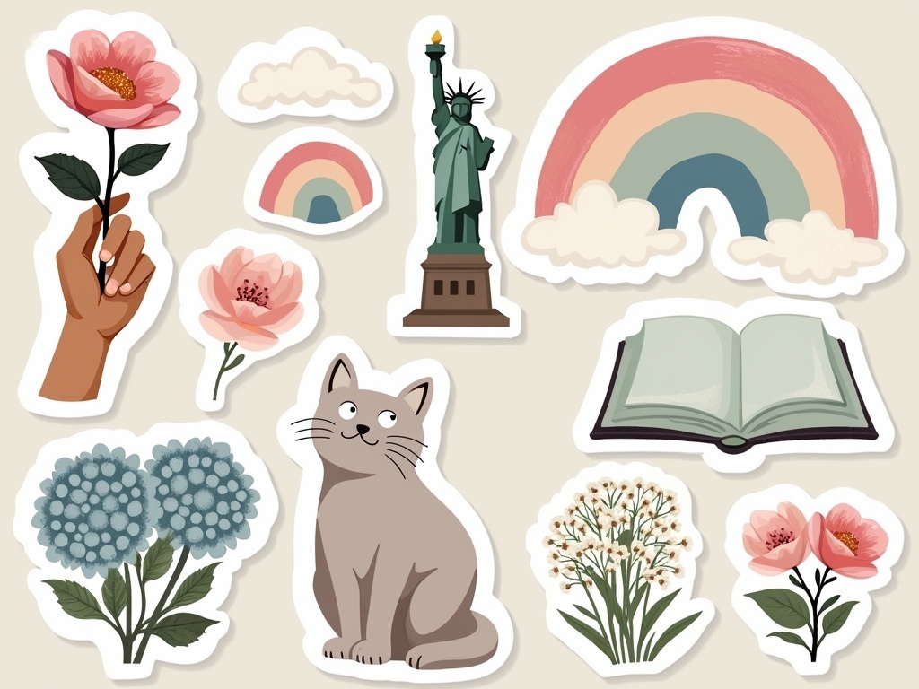 Sticker designs featuring flowers, rainbow, cat, Statue of Liberty, and a book.