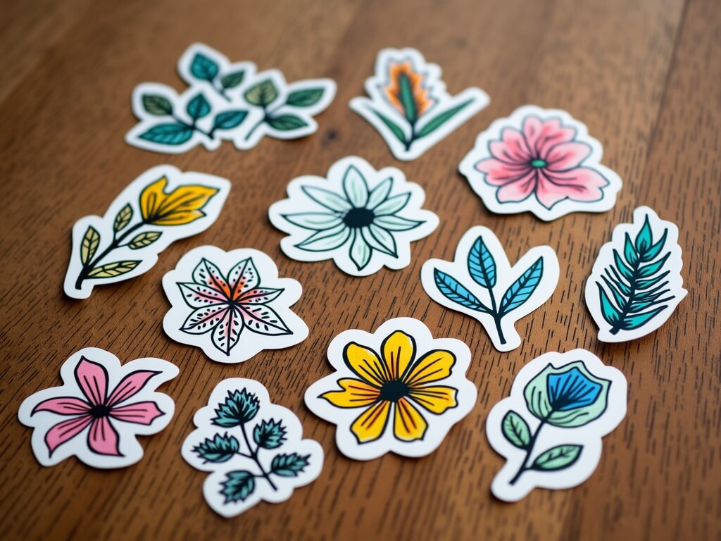 Colorful die-cut floral stickers with unique shapes arranged on a wooden tabletop.