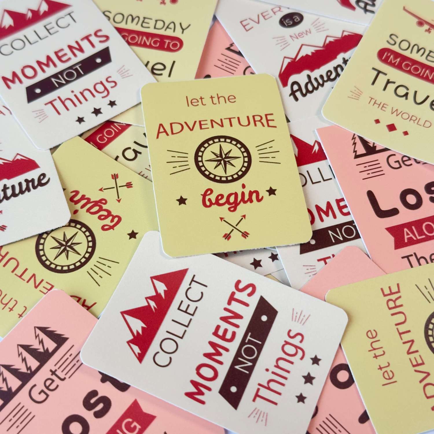 Adventure-themed motivational stickers in pastel colors.