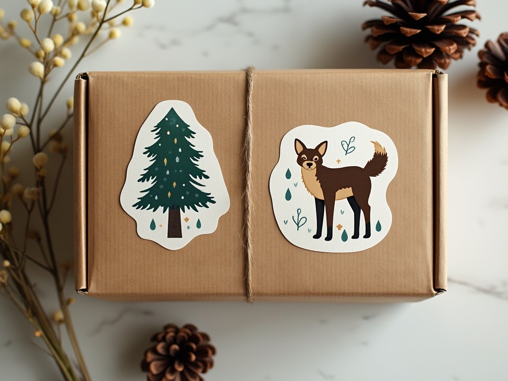 Brown gift box with tree and fox stickers, decorated with pinecones and dried flowers.