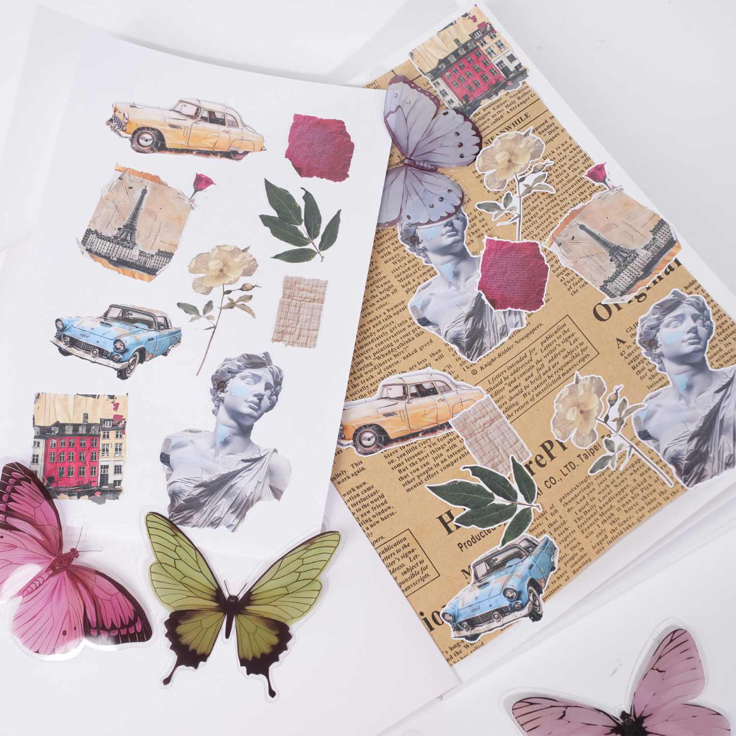 Vintage-themed stickers with statues, cars, flowers, butterflies, and newspaper prints on scrapbook pages.