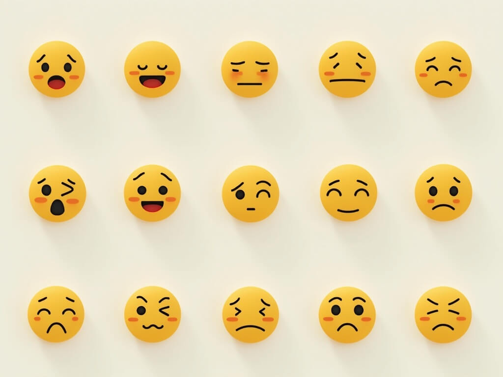 Fifteen yellow emoji faces with different expressions arranged in a grid on a light background.