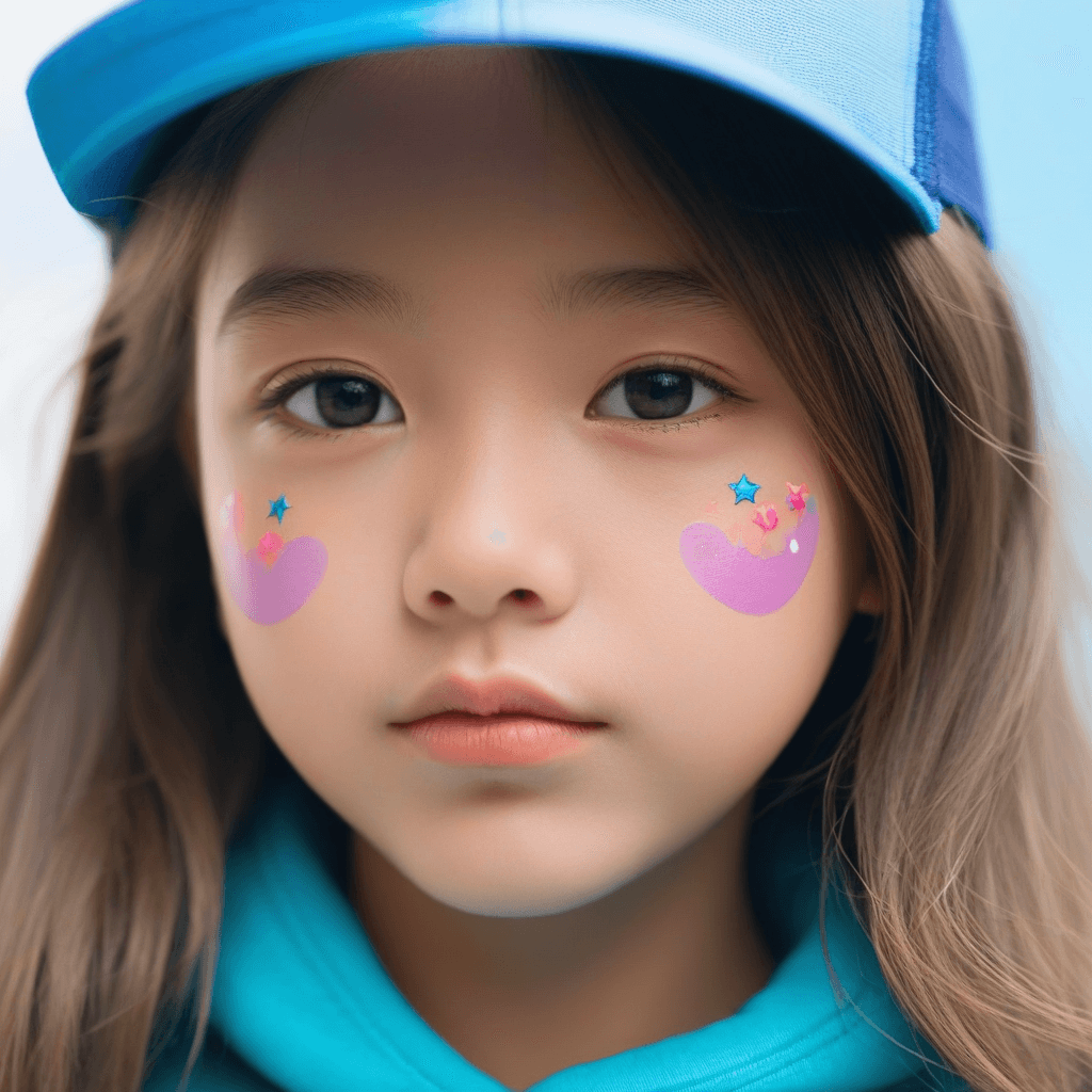 A young girl wearing a blue cap with colorful star and heart stickers on her cheeks.