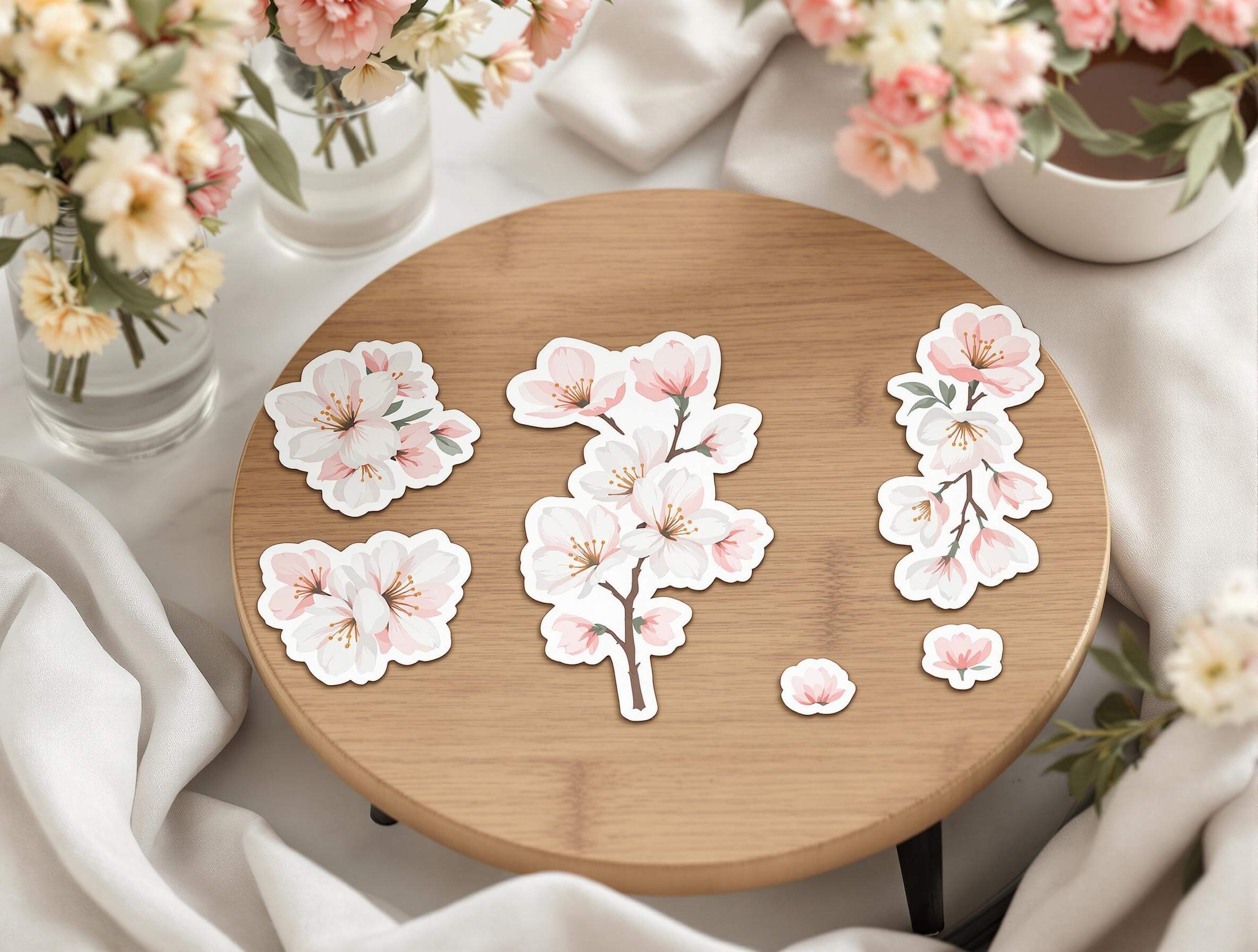 Cherry blossom stickers on a wooden tray with floral decor.