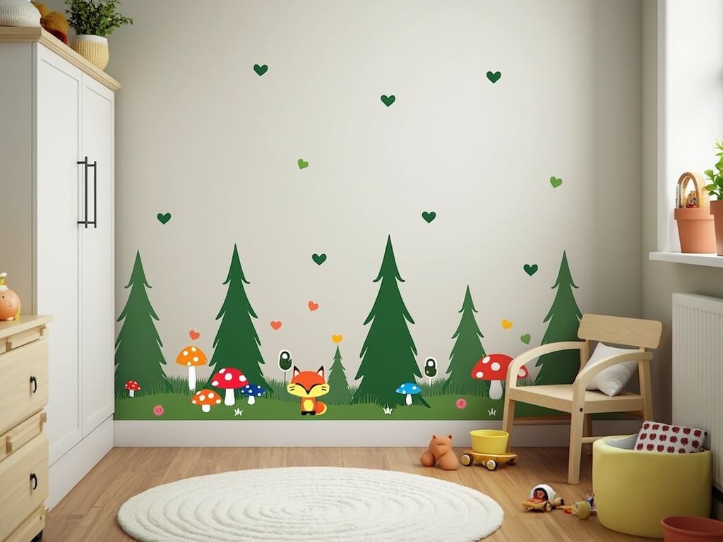 Kids' room with a forest-themed wall mural, colorful mushrooms, and playful fox design.