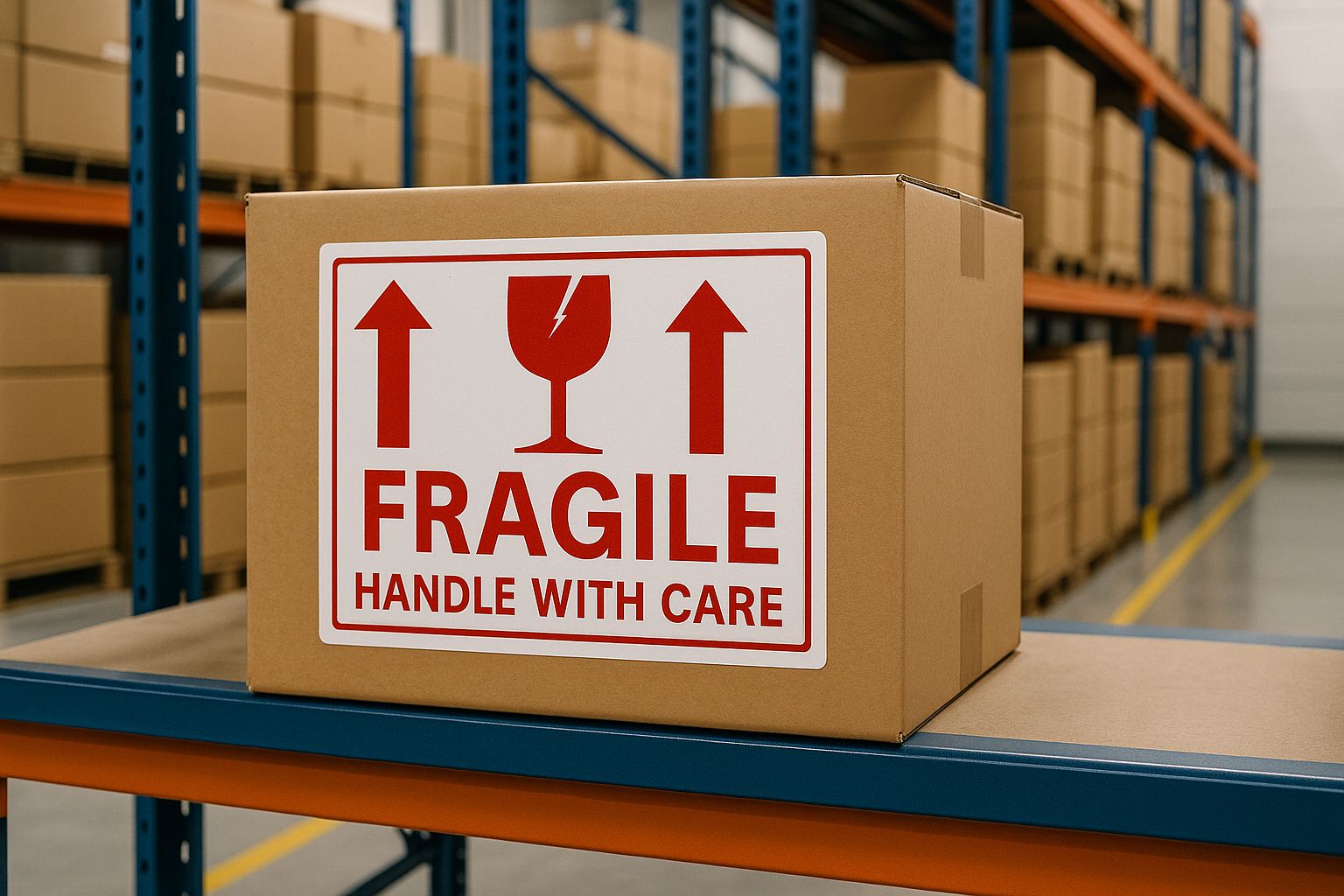Cardboard box with fragile sticker on a warehouse shelf