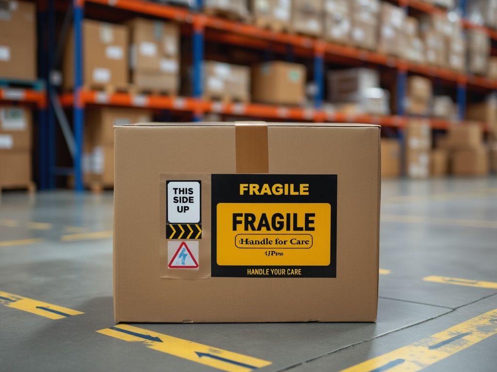 Cardboard box with fragile and this side up stickers in a warehouse